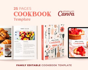Plantilla de recetario familiar: Recetario minimalista de 25 páginas, plantilla editable de Canva (descarga digital)