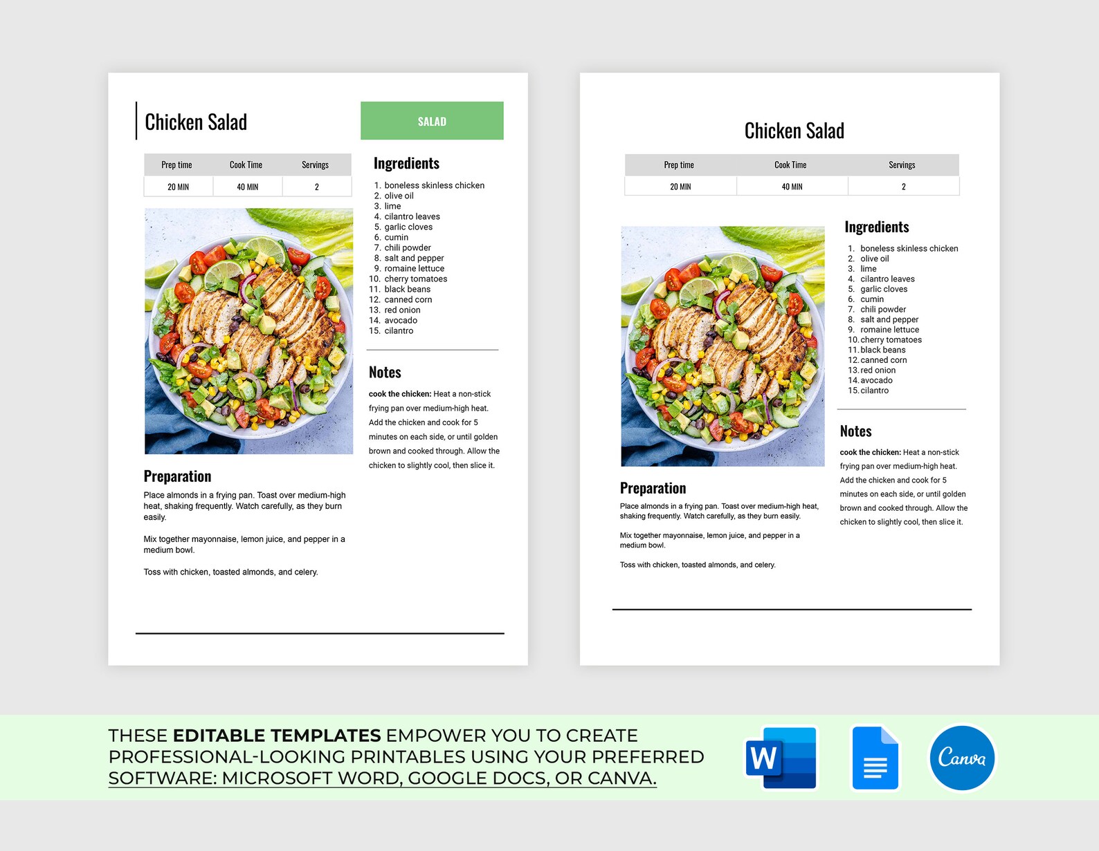 Active Format Recipe Editable Recipe Template: Printable Recipe Book Page, MS Word & Google ...