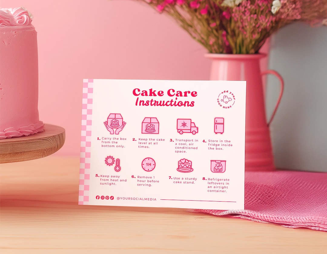 Editable Pink Cake Care Cards Template, Bakery Instructions, Cake ...