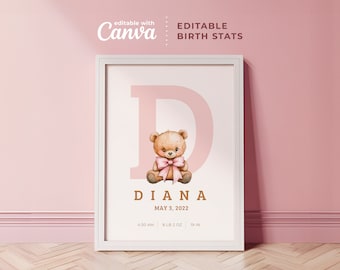 Pink Classic Bear Baby Birth Stats Poster: Canva Editable Newborn Print (Digital Download)