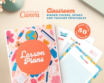 Groovy Teacher Binder Covers and Spines: Editable Classroom Planner, Letter PDF (Digital Download)