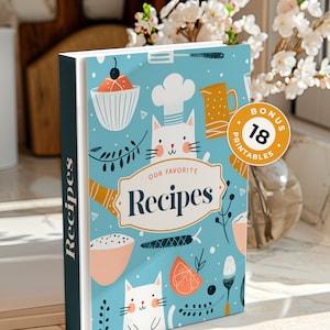 Capa para fichário de receitas | Kit Chef Cat, capa para livro de receitas, lombada e divisórias para fichário, capa digital, modelo de receita bônus | PDF para impressão