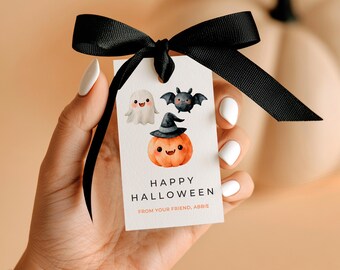 Pumpkin Gift Tag, Minimalist Halloween Favor Treat Tags, Boo Basket Editable Canva Template