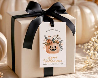 Witching You A Happy Halloween Boho Gift Tag, Canva Favor Treat Tags, Boo Basket