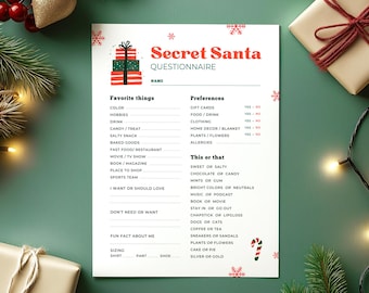 May include: A Secret Santa questionnaire with a festive design. The top of the page features the words "Secret Santa" in red, with a stack of gifts and snowflakes. The questionnaire includes sections for favorite things, preferences, and "This or That" questions.