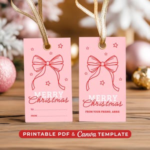 Pink Christmas Custom Gift Tags: Printable Red Bow Favor Tags, Coquette Gift Tags PDF & Canva Template, Letter/A4 (Digital Download)
