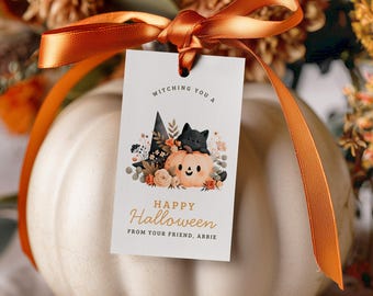 Witching You A Happy Halloween Boho Pumpkin Gift Tag, Canva Favor Treat Tags, Boo Basket