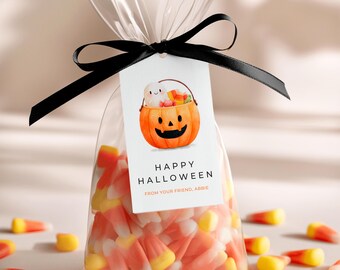 Minimalist Halloween Treat Tags: Boho Candy & Pumpkin Gift Tag, Boo Basket Editable Canva Template