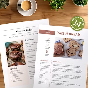 Puede incluir: Tarjetas de recetas imprimibles para muffins de chocolate y pan de pasas. Las tarjetas muestran una foto del producto terminado y enumeran los ingredientes y los pasos de preparación. Las tarjetas forman parte de un paquete de 14 plantillas.
