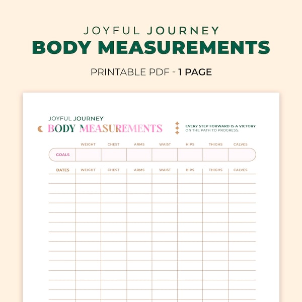 Body Measurements Tracker Joyful Journey - Body Transformation Template, Fitness Progress Sheet, Before and After Measurements Printable PDF