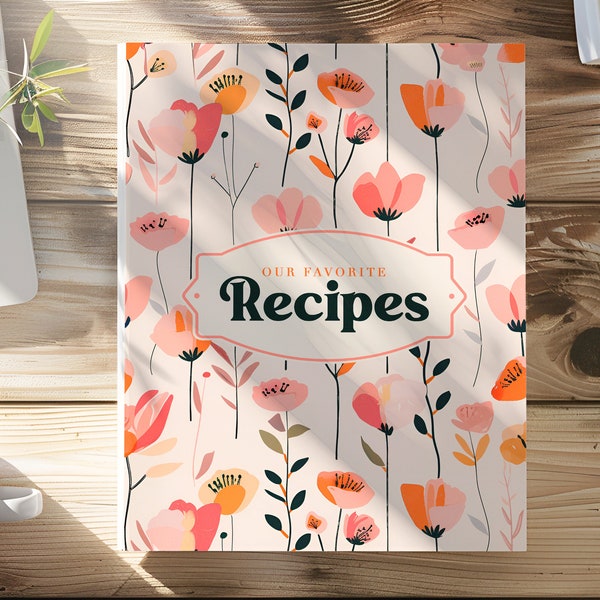 Couverture de classeur de recettes personnalisées florales classiques : modèle Canva et PDF (téléchargement numérique)