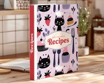 Recipe Binder Cover + Bonus Recipe Template - Chef Cat Binder Kit, Recipe Book Cover, Binder Spine and Dividers, Printable PDF