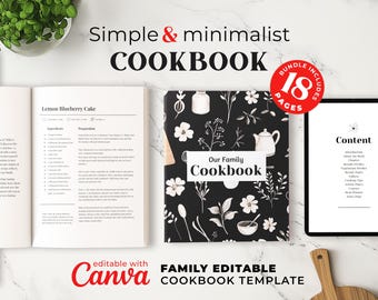 Minimalist Cookbook Template: Black Floral Family Recipe Binder, Canva Template (Digital Download)