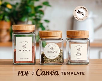 Etiquetas minimalistas para especias: Más de 180 diseños en beige natural. Plantilla editable de Canva y PDF (descarga digital).