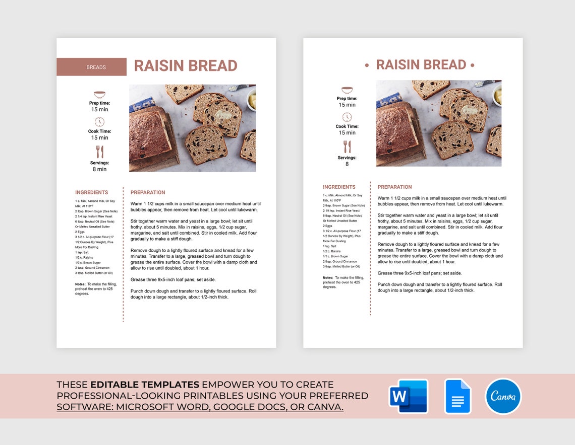 Editable Recipe With MS Word, Google Docs, and Canva Recipe Template, Printable Recipe, Editable ...