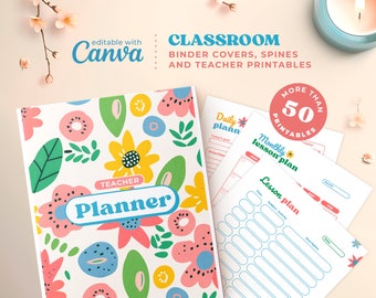 Klasbandomslagen en ruggen, bewerkbare Groovy Retro lerarenorganisatie met Canva, afdrukbare PDF-cijferlijstpagina's, lerarenplanner