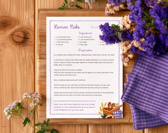 Purple Recipe Template, Editable Embroidered Style, Cozy Family Cookbook Page Editable with Canva