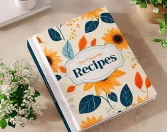 Couverture du classeur de recettes tournesol : motif floral imprimable, modèle Canva et PDF (téléchargement numérique)
