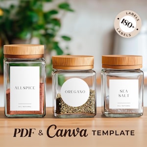 Plantilla editable de Canva con elegantes etiquetas minimalistas blancas para especias (PDF tamaño carta/A4) Etiquetas para especias, etiquetas modernas personalizadas para frascos y etiquetas para hierbas.