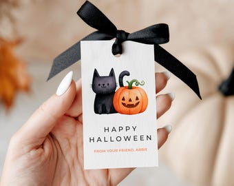 Pumpkin & Cat Gift Tag, Minimalist Halloween Favor Treat Tags, Boo Basket Editable Canva Template