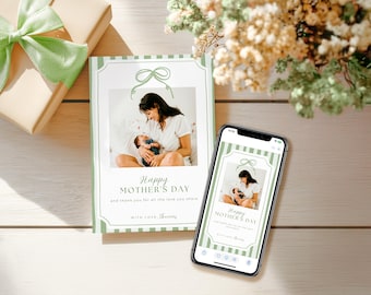 Classic Coquette Bow & Stripes Mother's Day Photo Card, Editable Printable Template with Canva