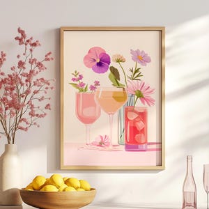 Elegant Vintage Flowers & Cocktail Poster Wall Art | Bar Cart Cocktail Decor Glasses Drink, Girly Pink Cocktails, Pink Floral Vintage Drinks
