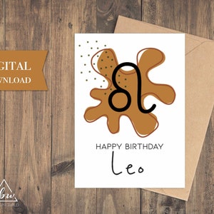 Cartão de aniversário de Leo | Cartão de aniversário do Zodíaco para impressão para Leão - download digital