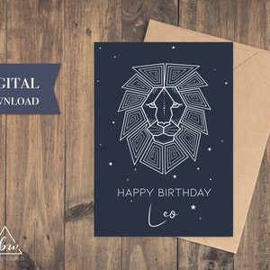 Druckbare Leo Geburtstagskarte | Digitaler Download Sternzeichen Geburtstagskarte Löwe - Printable