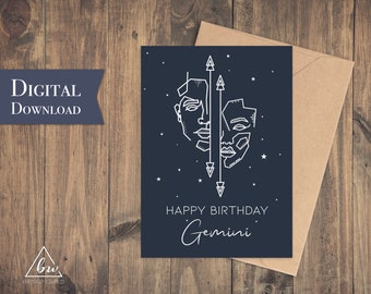 Carte d'anniversaire Gémeaux | Carte d'anniversaire imprimable du zodiaque pour les Gémeaux - Téléchargement numérique
