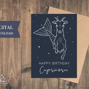 Steenbok afdrukbare verjaardagskaart | Verjaardagskaarten Zodiac Steenbok - Digitale download