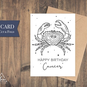 Carte d'anniversaire imprimable Cancer | Carte d'anniversaire Zodiac Cancer - Téléchargement numérique