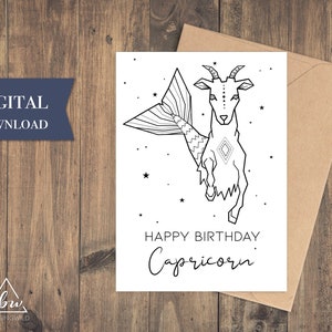 Steenbok afdrukbare verjaardagskaart | Verjaardagskaarten Zodiac Steenbok - Digitale download