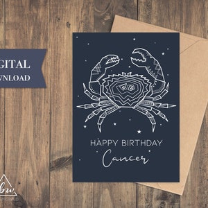 Cartão de aniversário imprimível do cancro de <br> Entrega Rápida? Cartão de Aniversário do Câncer do Zodíaco - Download Digital