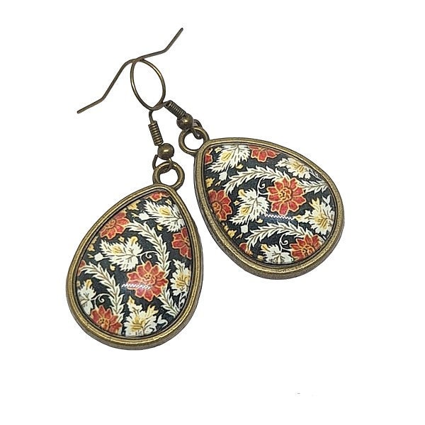 Boucles d'oreilles pendante femme forme goutte métal couleur bronze Cabochon verre fleuri épis