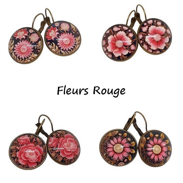 Boucles d'oreilles Dormeuse femme métal bronze Cabochon verre FLEURS ROSE ROUGE