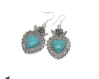 Women's antique silver dangling earrings, boho style, turquoise heart