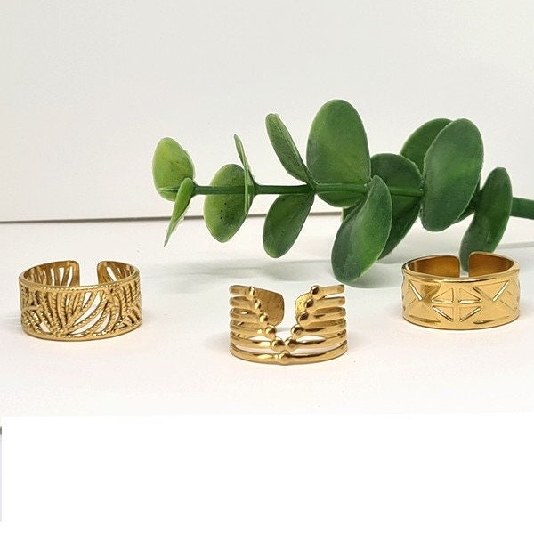 Women's adjustable gold stainless steel art deco ring