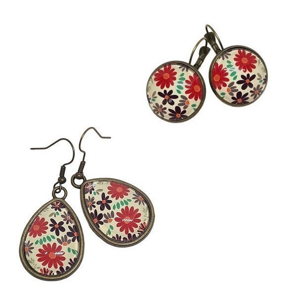 Boucles d'oreilles femme dormeuse pendante goutte métal bronze Cabochon verre FLEURS ROUGE