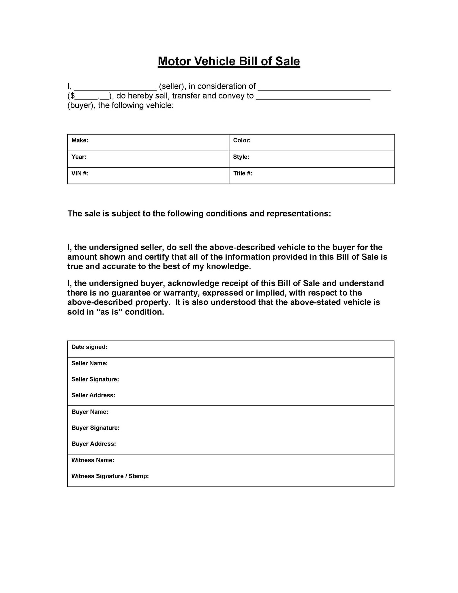 Motor Vehicle Bill of Sale Printable PDF File Etsy