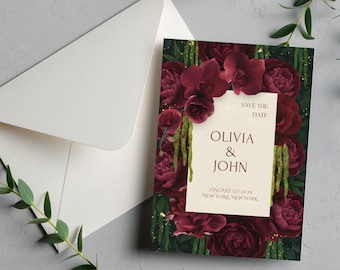 Burgundy Green Save the Date Template, Editable Canva Wedding Card, Floral Autumn Invite, Instant Download Printable