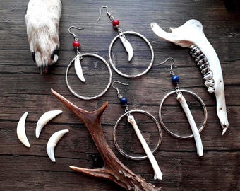 Coyote Tooth and Bone Loop Sodalite and Howlite Crystal Earrings, Pagan Jewellery