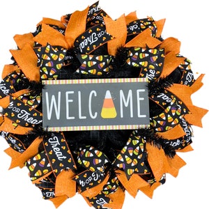 Welcome Halloween Candy Corn Wreath, Trick or Treat Bow Wreath, Halloween Door Decor, Handmade Black and Orange Front Door Decoration