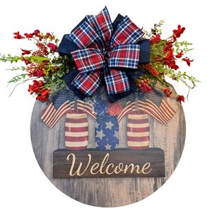 Patriotic Welcome Door Hanger | Handcrafted Red, White, and Blue Décor | Rustic Americana Front Door Decoration, Veteran Front Door Decor