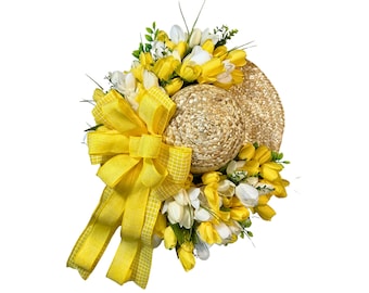 Spring Tulip Wreath with Straw Hat, Yellow and White Floral Wreath, Summer Front Door Decor, Farmhouse Wreath, Everyday Wreath, Gift for Her