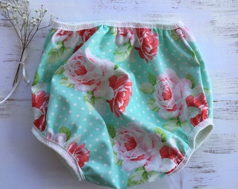 small or medium Handmade bloomers made from vintage upcycled rose floral cotton with vintage pale pink edging elastic at waist and legs