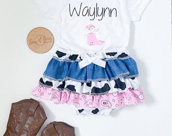 TODDLER GIRL CLOTHES, country western toddler outfits, baby gift, baby girl outfit, layered ruffle bloomers set