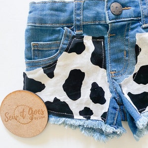 Baby girl clothes, toddler girl clothes, baby denim shorts, toddler denim shorts, Cow print shorts.
