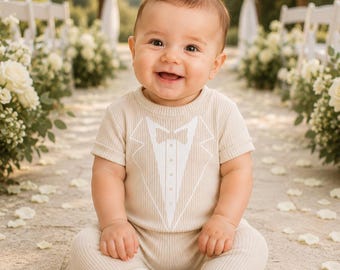 baby wedding tuxedo zippie romper, tuxedo toddler zippie romper, easy zip baby outfit, soft stretchy baby romper