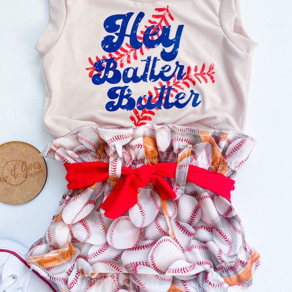 TODDLER GIRL CLOTHES, baseball theme top with adorable baseball print bloomers, toddler outfits, baby gift, ruffle waist bloomers.