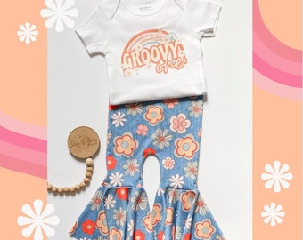 FIRST BIRTHDAY OUTFIT, Groovy One first birthday bodysuit and bell bottoms.  Groovy one theme